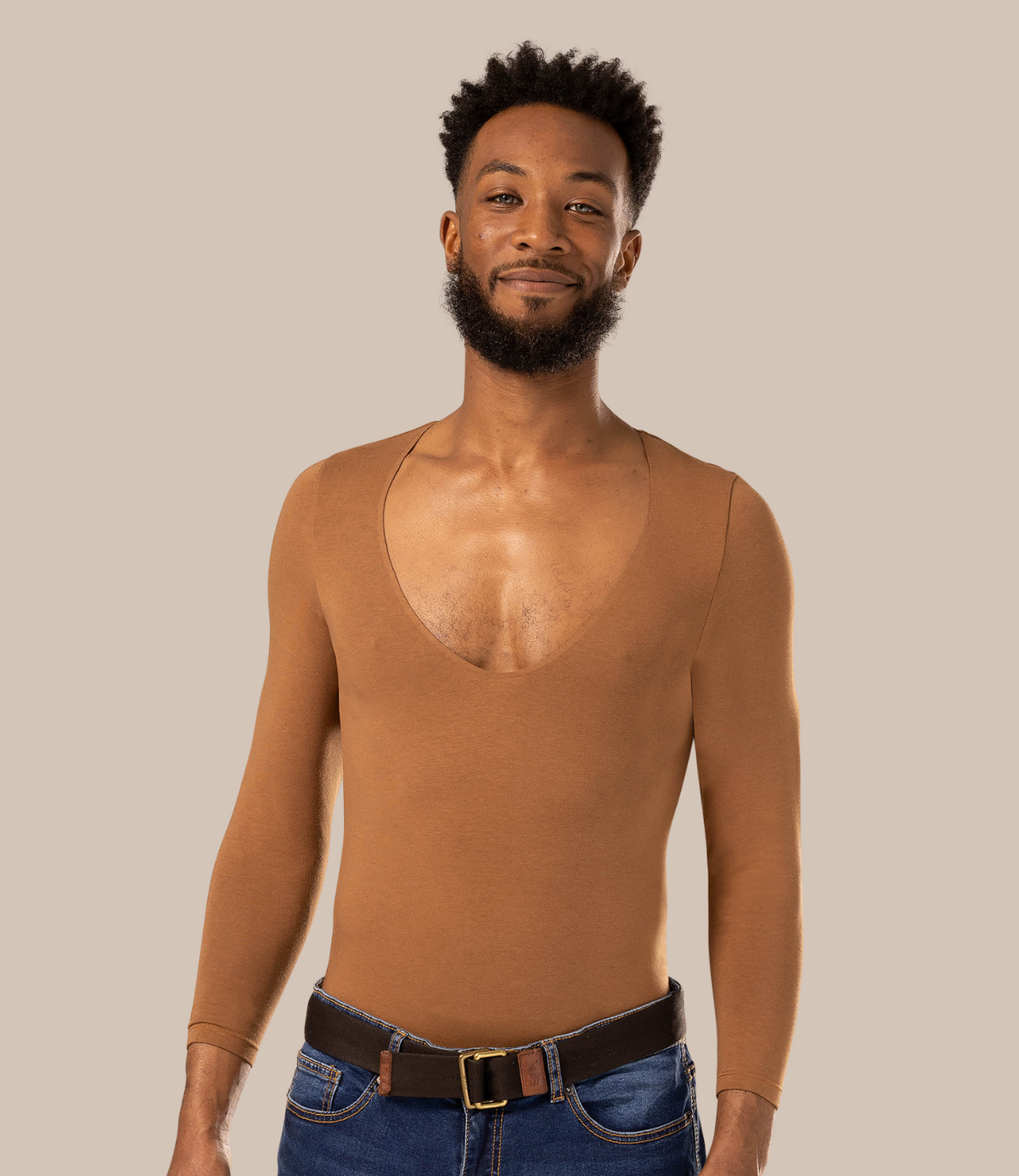 Man with dark skin tone wearing brown thermal undershirt for men