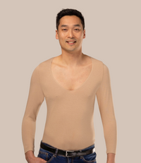 Asian man wearing beige men’s long sleeve undershirt
