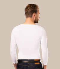 White man facing away wearing long sleeve mens white undershirt