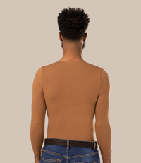Man with dark skin tone wearing men’s undershirt under shirt