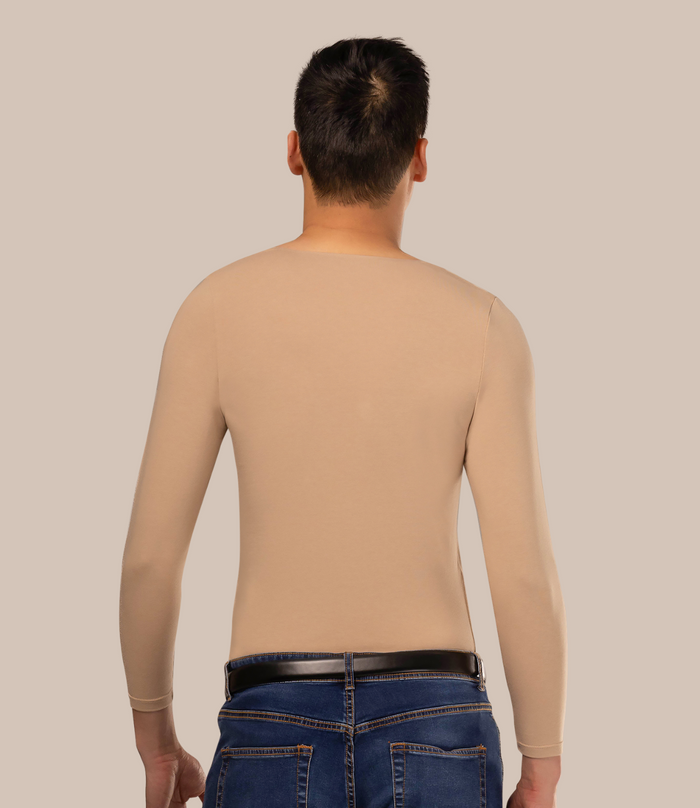 Asian man wearing beige long sleeve deep v neck t shirt