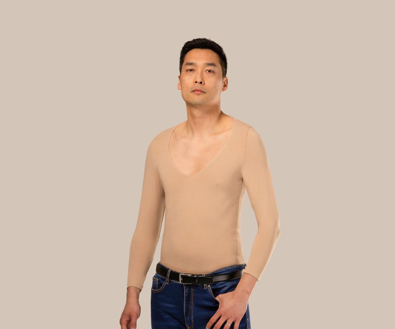 Man wearing a beige deep v neck undershirt for men