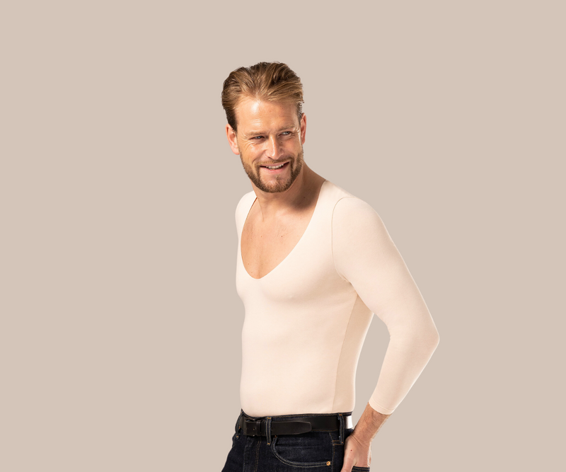 Man wearing a long sleeve v neck nude mens undershirt