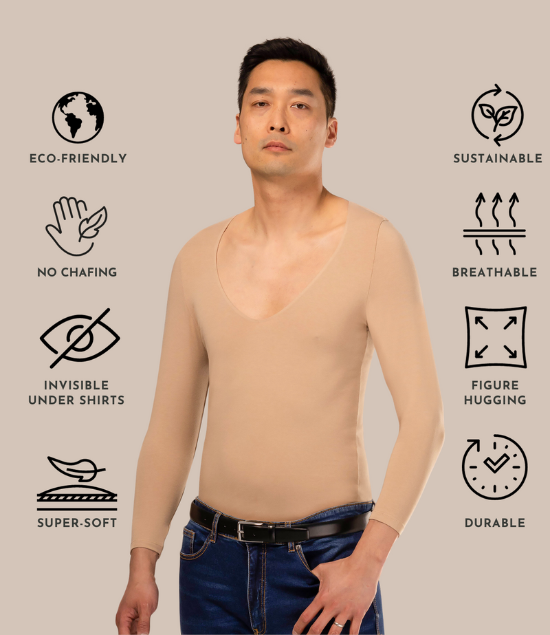 Man wearing long sleeve beige men's base layer