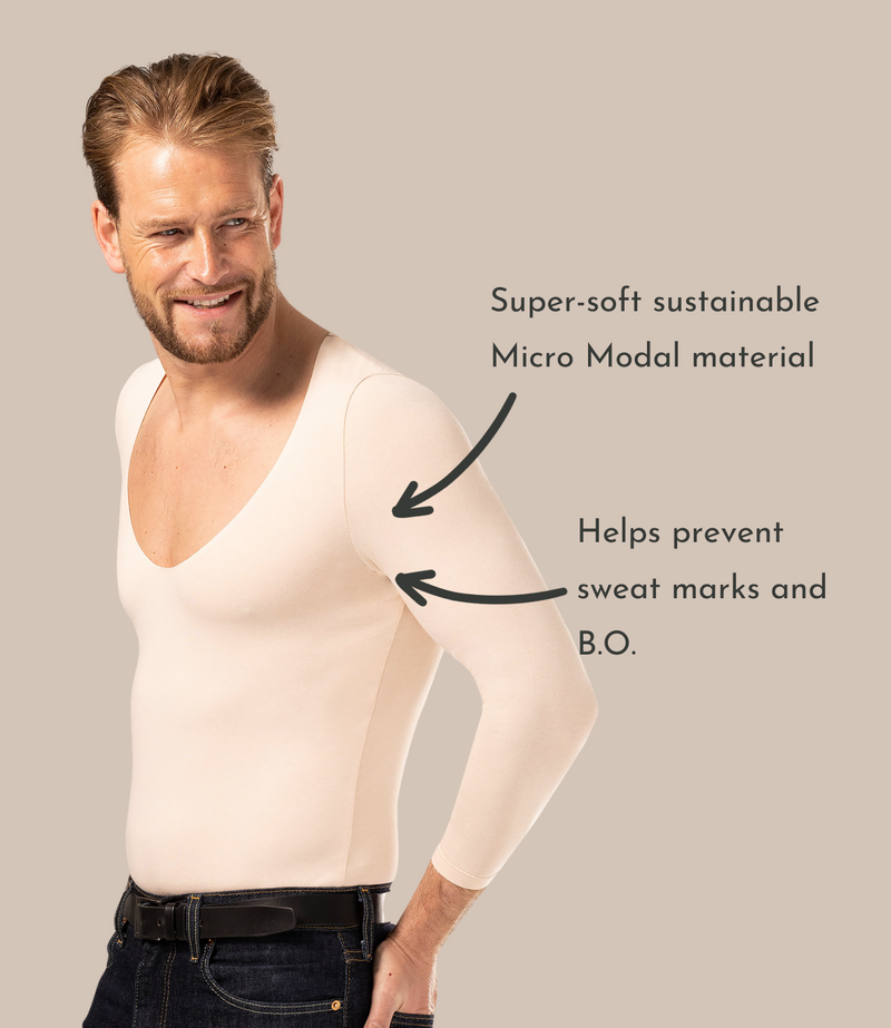 Man wearing long sleeve thermal vest for men in nude with v neck