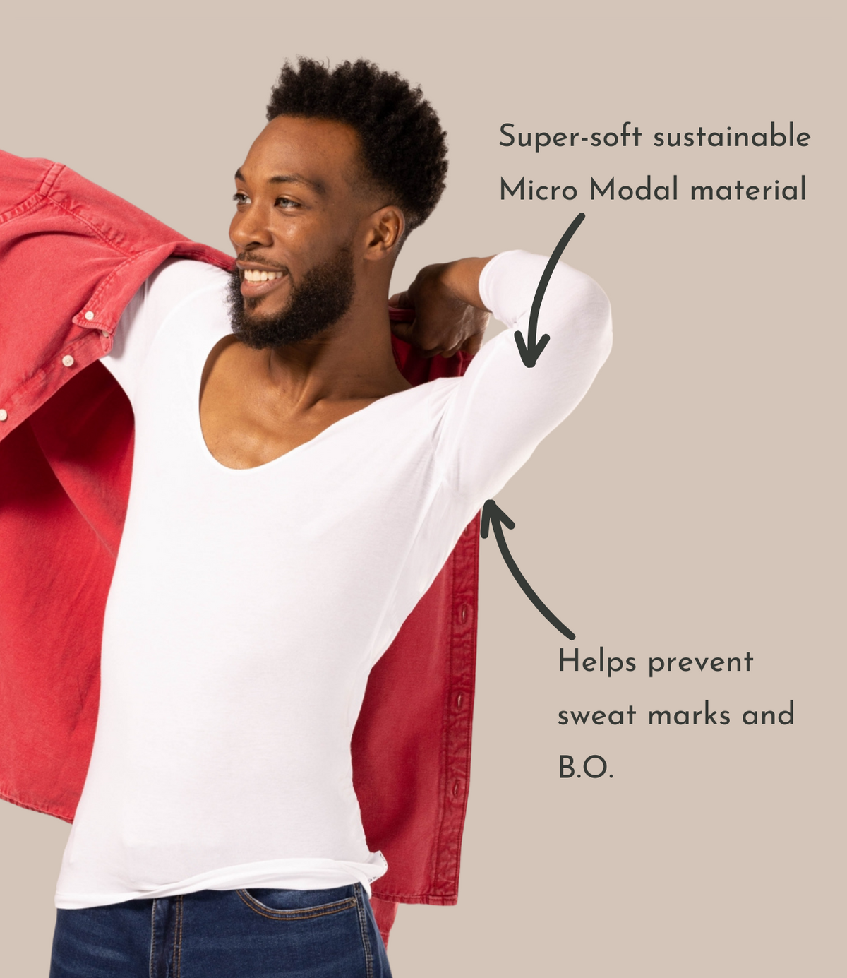 Man wearing long sleeve white thermal vest for men putting on red shirt