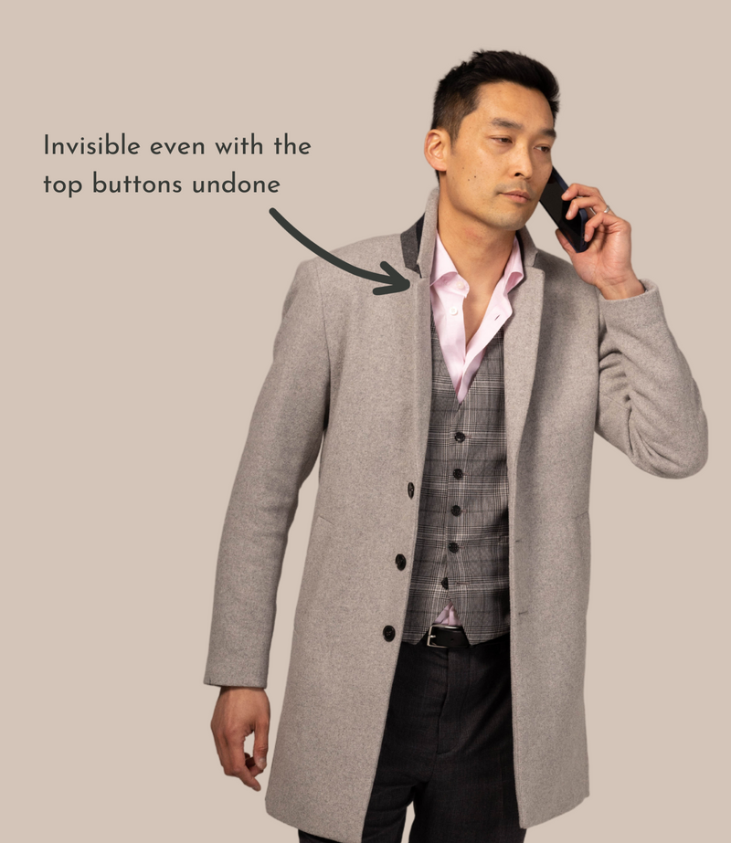 Man on the phone dressed business casual with invisible undershirt for men on