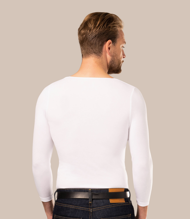 Backshot of man wearing long sleeve men's vest in white with deep v neck