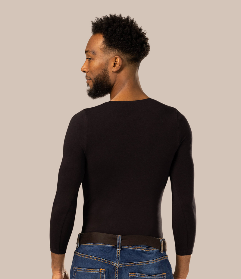 Backshot of man wearing long sleeve men's vest in black with deep v neck