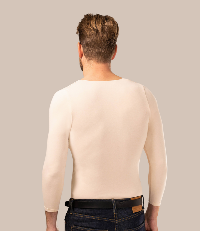 Backshot of man wearing long sleeve men's vest in nude with deep v neck