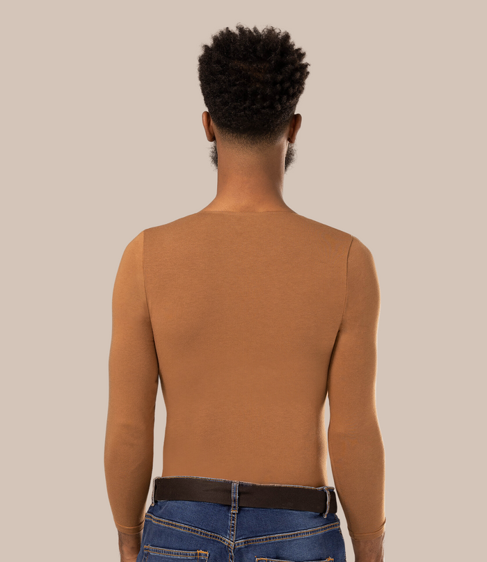 Backshot of man wearing long sleeve men's vest in brown with deep v neck