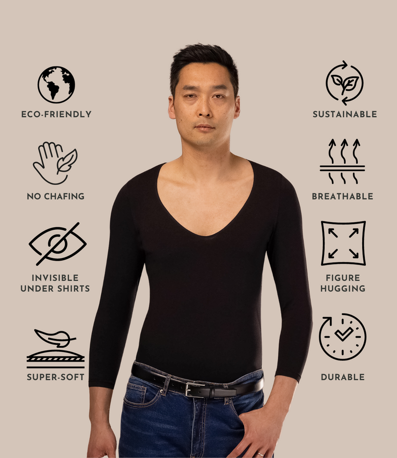 Man wearing long sleeve black men's base layer with v-neck