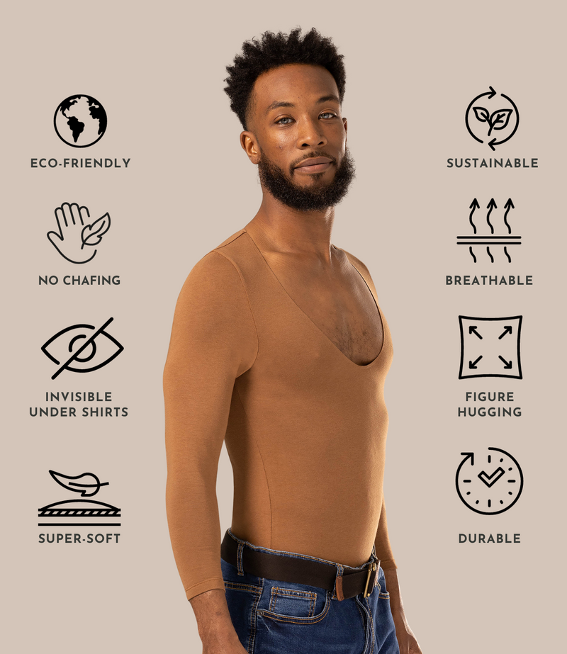 Man wearing long sleeve brown men's base layer with v-neck