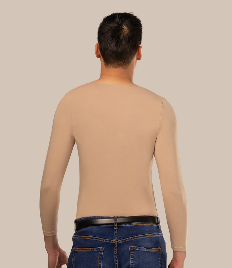 Backshot of man wearing long sleeve men's vest in beige with deep v neck