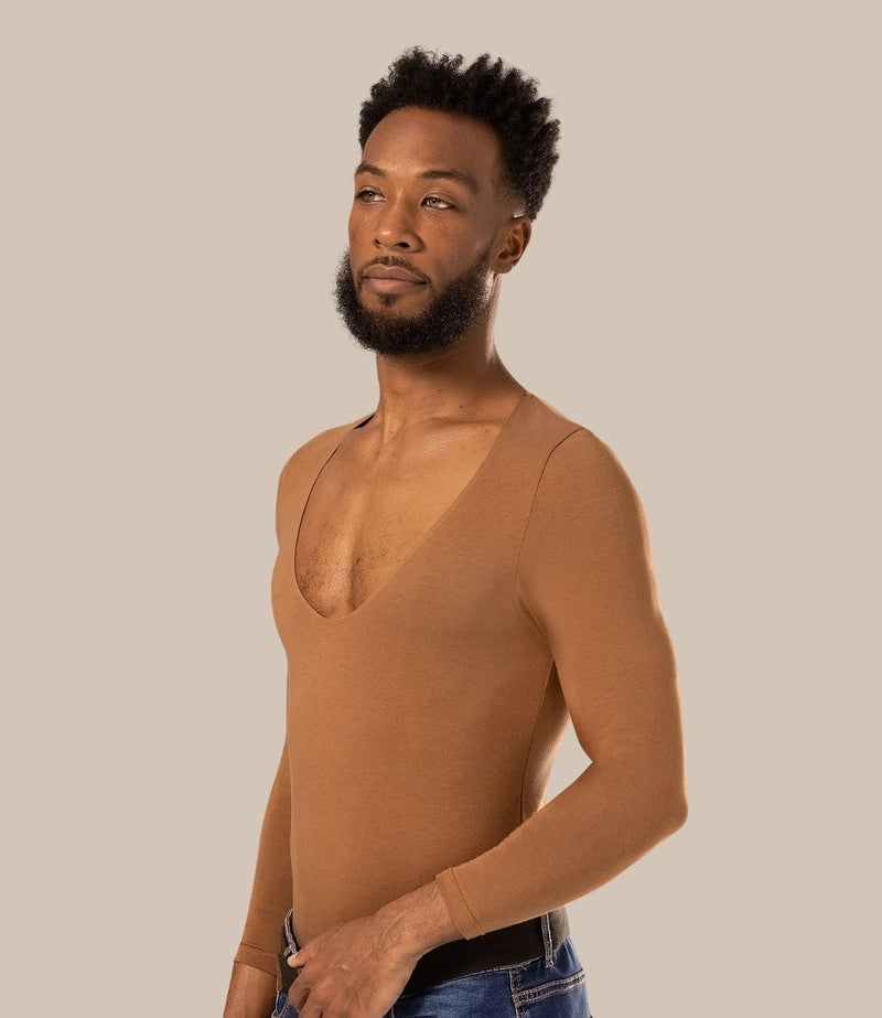 Man with dark skin tone wearing brown men’s v neck undershirt
