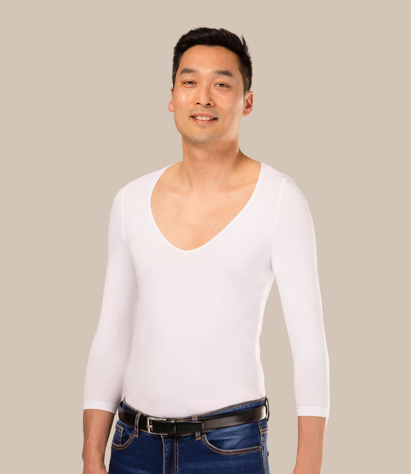 Asian man wearing undershirt for white long sleeves