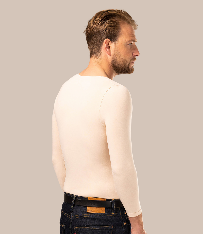 White male in nude long sleeve vest for men